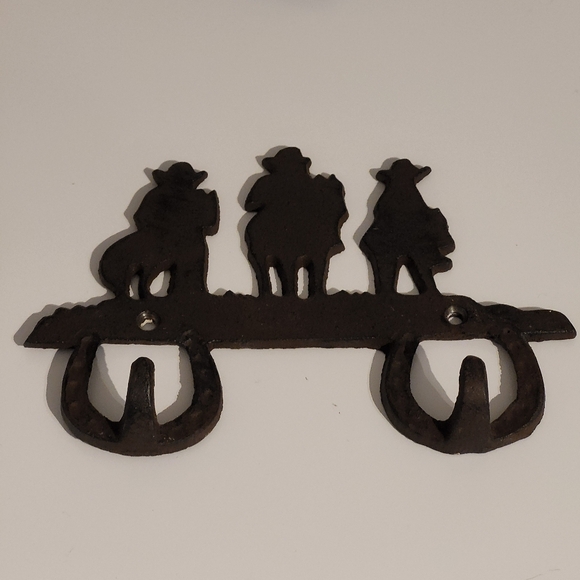 Brown Tone Cast Metal Cowboy Silhouette and Horseshoe Coat Rack Hooks - Picture 10 of 15